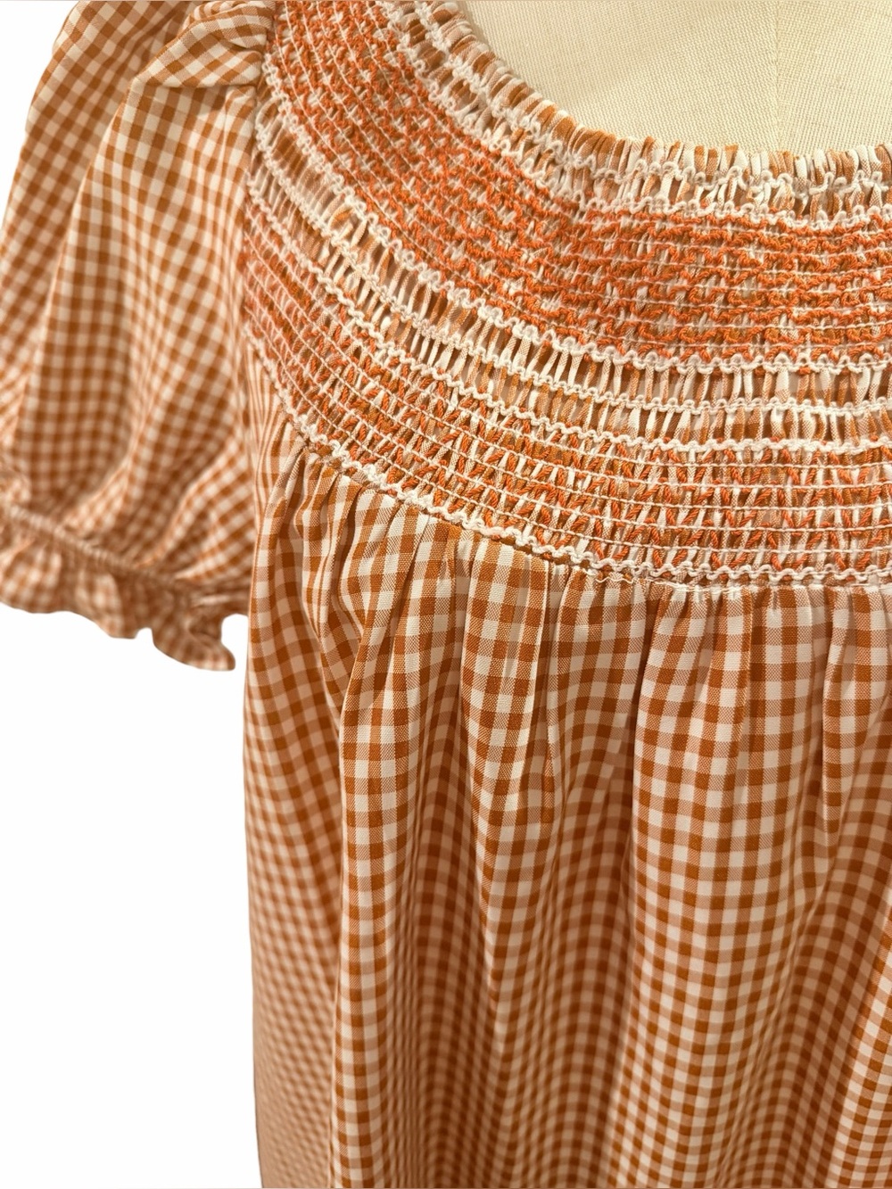 NWT J Marie Logan Gingham Smocked Puff Sleeve Mini Dress Burnt Orange S - Picture 9 of 10